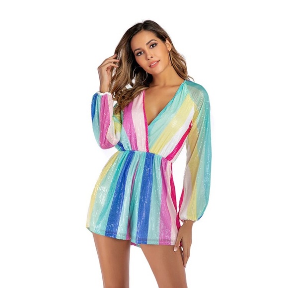 New Pastel Rainbow Sequin Romper - Picture 5 of 8